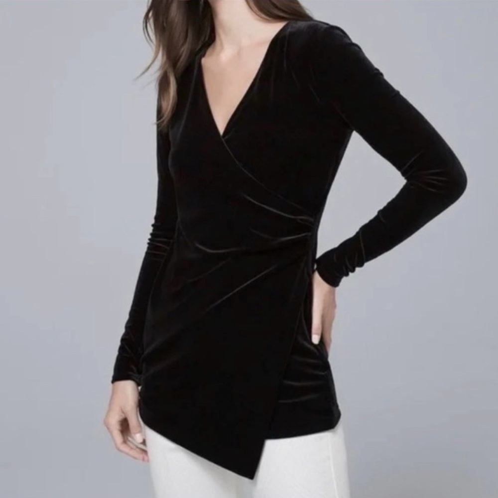 White House Black Market Black Velvet Faux Wrap Top Size XXS